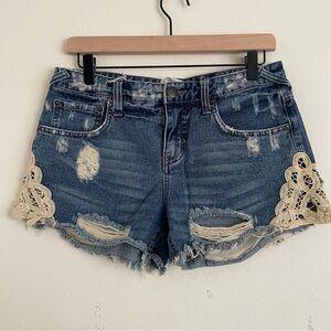 Free People Destructed Mid Rise Shorts Lace Crochet Trim Size  26